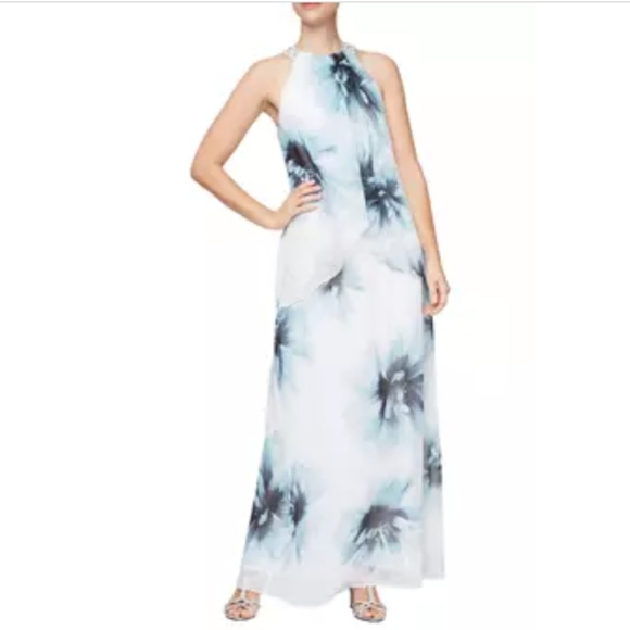 SLNY Printed Tulip Maxi Dress Style 9171810. Size 14. Color: Ivory Mult - Picture 4 of 8